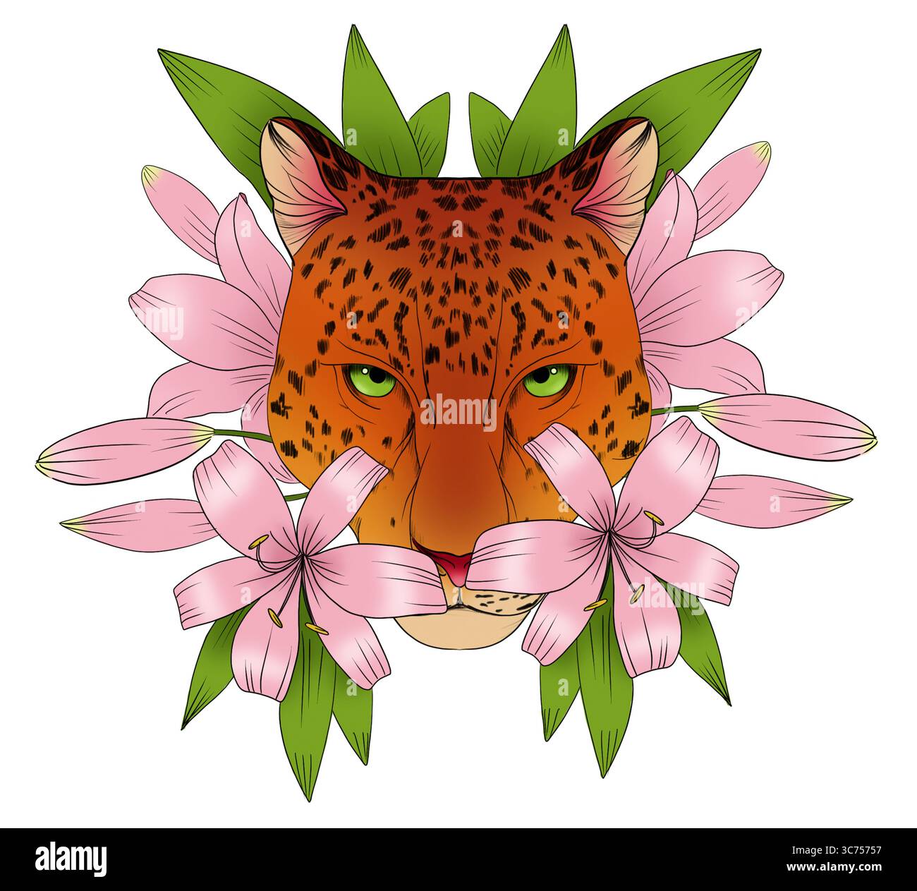 Lebendiger Katzenkopf, eingerahmt von rosa Lilien und tropisch grünen Blättern auf weißem Hintergrund. Perfekt für Print-Design, Tattoos, T-Shirt-Grafiken oder auffällige Designs Stockfoto