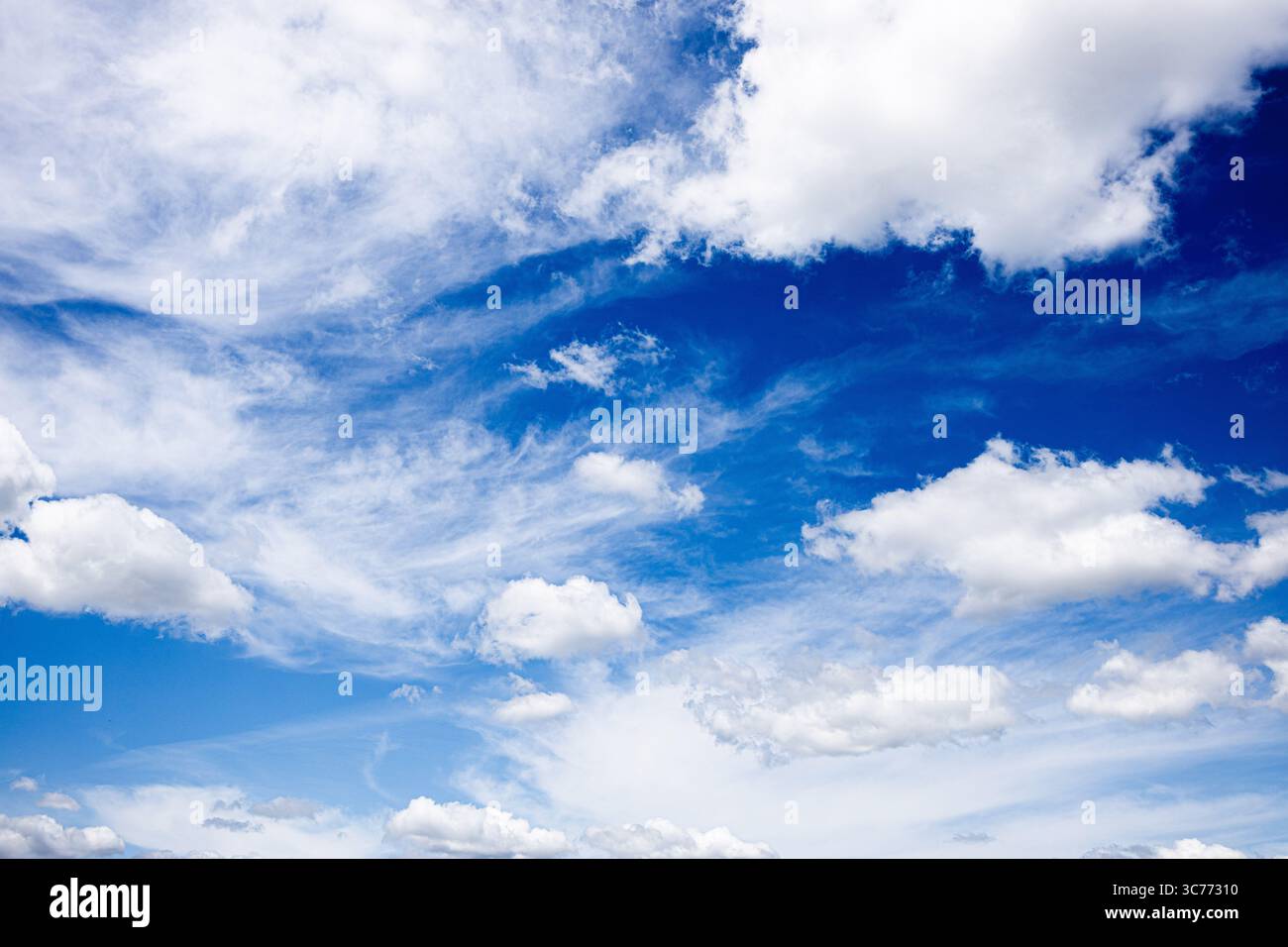 Hellblauer Himmel voller weicher, weißer und schimmernder Wolken. Stockfoto