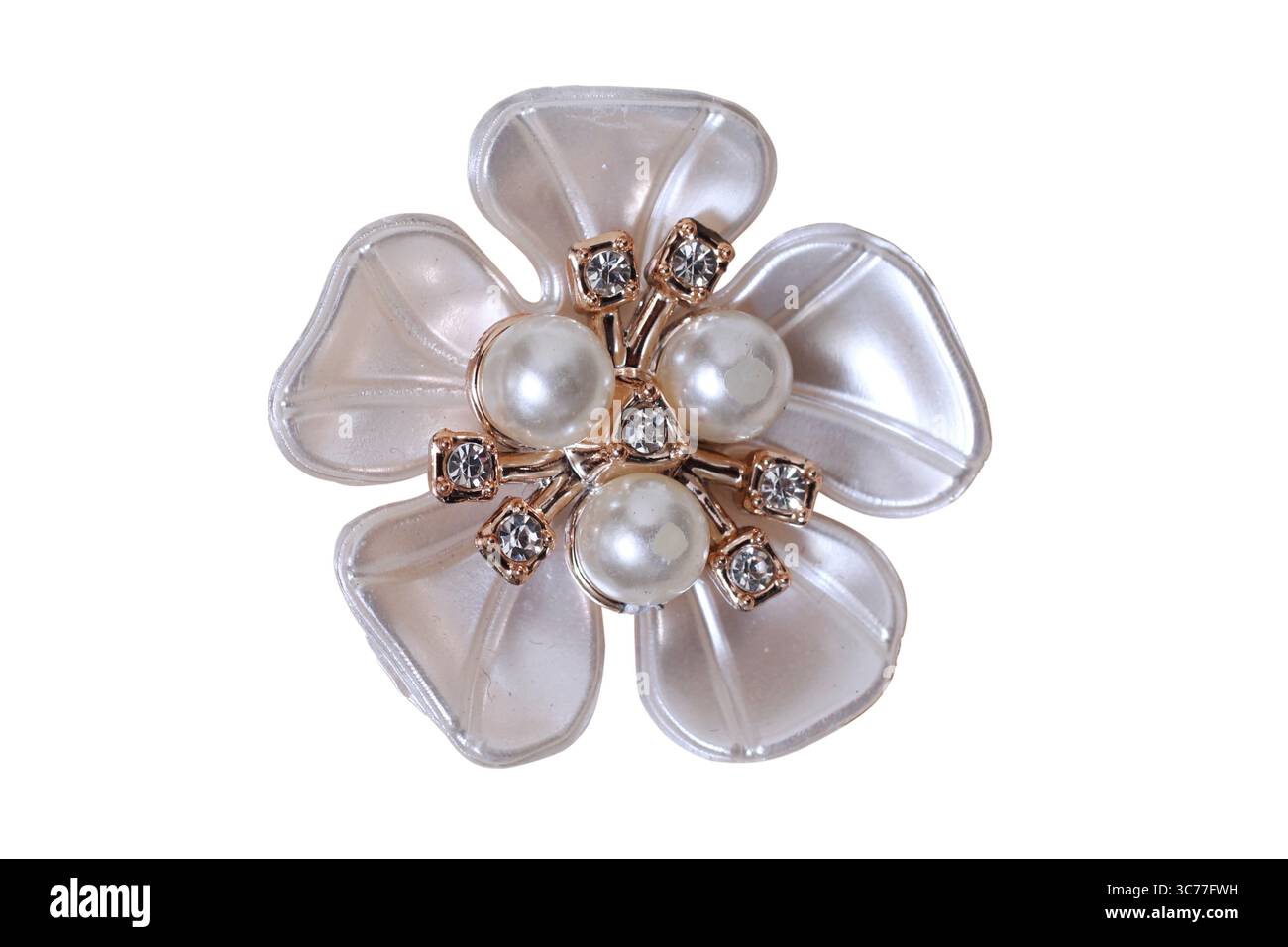 Blumenförmige Damenschuhaccessoires aus Kunstperlen. Isoliert auf weißem Hintergrund. Stockfoto