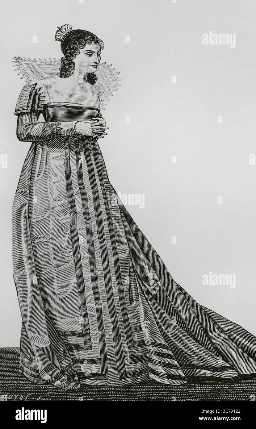 Charlotte Vanhove (1771-1860). Französische Schauspielerin. Seit 1786 war sie aktiv an der Comédie-Francaise beteiligt. Vanhove in der Rolle der Milady Clara in dem Stück La Jeunesse de Henri V (die Jugend Heinrichs V.). Akt I, Szene I. Sie wurde am 9. Juni 1806 im Théâtre-Franzais in Paris aufgeführt. Gravur von Huyot nach einem zeitgenössischen Druck. Direktorin, Konsulat und Reich. Moeurs et Usages, Lettres, Sciences et Arts. France, 1795-1815' (Verzeichnis, Konsulat und das Reich von Frankreich. Bräuche und Traditionen, Briefe, Wissenschaften und Künste. Frankreich, 1795-1815), von Paul Lacroix. Veröffentlicht in Paris, 1884 Stockfoto