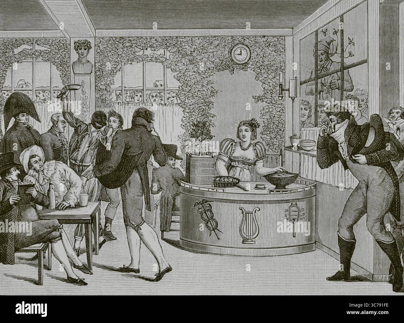 Paris, Frankreich. Das "Café du Bosquet", während der Zeit des Verzeichnisses. Es liegt an der Rue Saint-Honoré und war ein beliebter Treffpunkt, besonders bekannt für die Schönheit seiner „Limonadière“ (Limonadenverkäufer). Stich von Huyot. Direktorin, Konsulat und Reich. Moeurs et Usages, Lettres, Sciences et Arts. France, 1795-1815' (Verzeichnis, Konsulat und das Reich von Frankreich. Bräuche und Traditionen, Briefe, Wissenschaften und Künste. Frankreich, 1795-1815), von Paul Lacroix. Veröffentlicht in Paris, 1884. Stockfoto