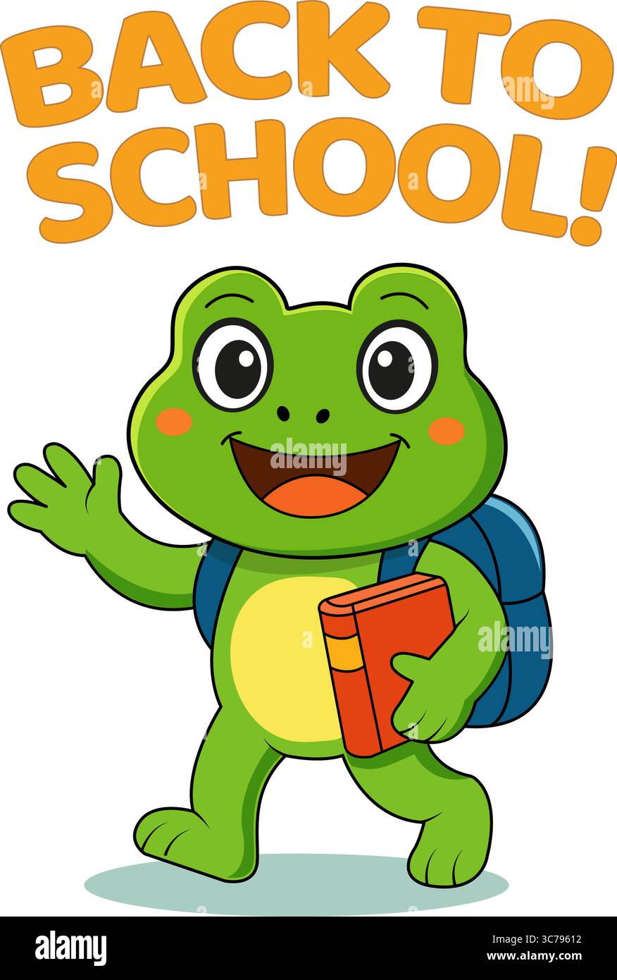 Fröhlicher Comicfrosch geht zurück zur Schule, hält ein rotes Buch und trägt einen Rucksack. Farbenfrohe, lustige und freundliche Vektorillustration ideal für Kinder Bildungsmaterialien, Back-to-School-Aktionen, Poster, Grußkarten, Aufkleber, und die Einrichtung im Klassenzimmer. Stock Vektor