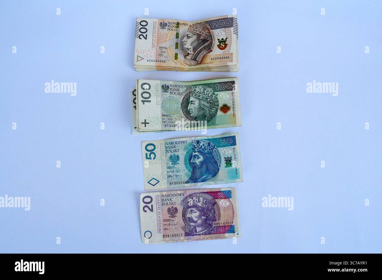 Geld aus verschiedenen Ländern auf weißem Hintergrund. Geld aus verschiedenen Ländern. Stockfoto