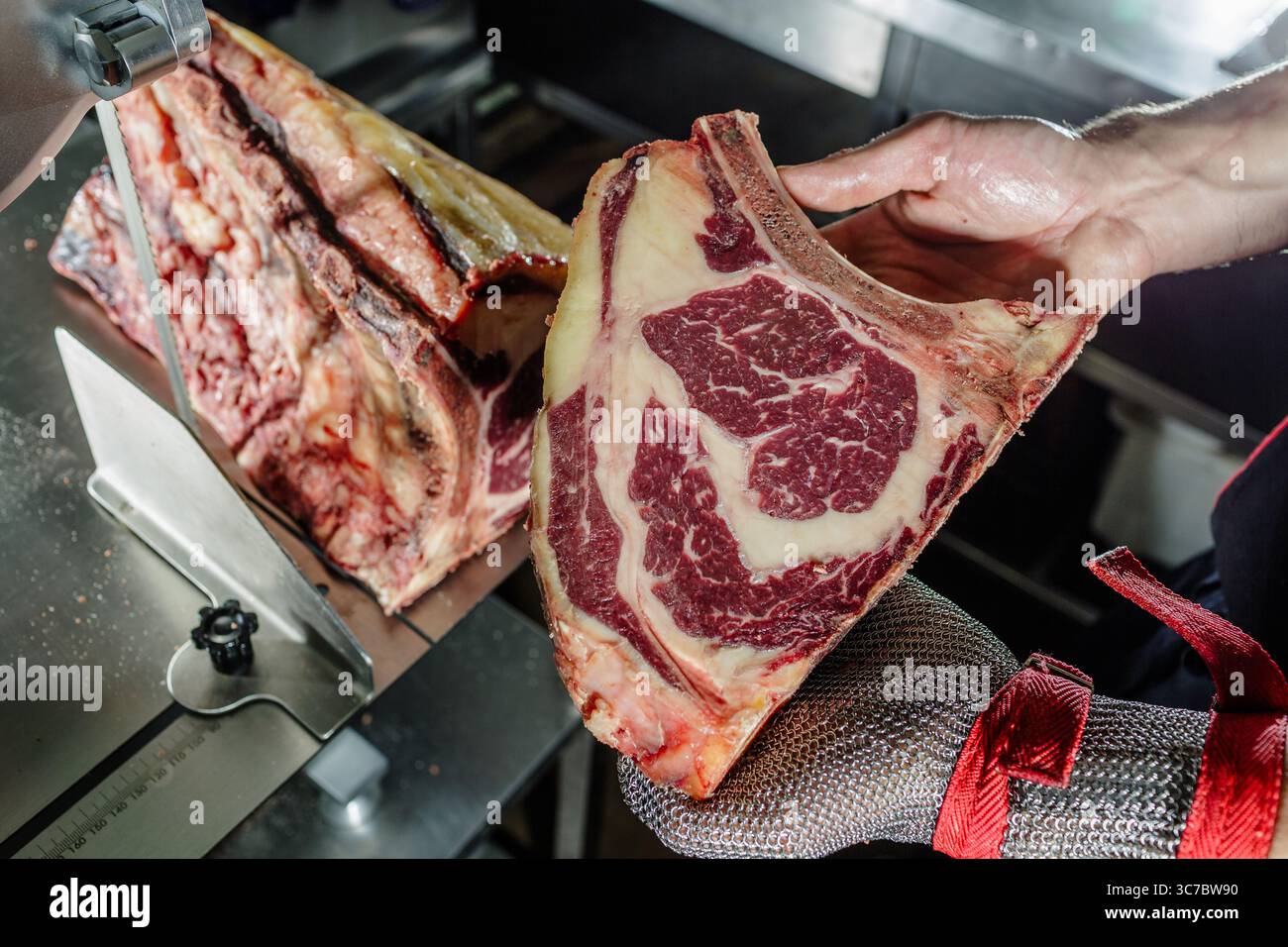 Nahaufnahme des Metzgers mit rohen, trocken gereiften Ribeye-Steak mit sichtbarem Marmorierung im Handschuh in der Nähe der Fleischsäge in der Küche Stockfoto