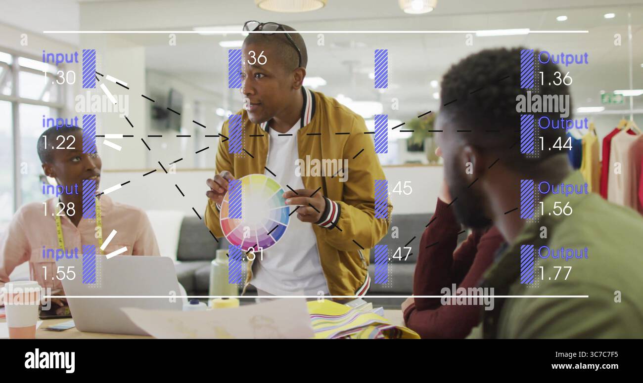 Zeigender Mann in Senfjacke, lehnt sich über den Tisch im Kreativstudio, Farbrad und Farbmuster Stockfoto