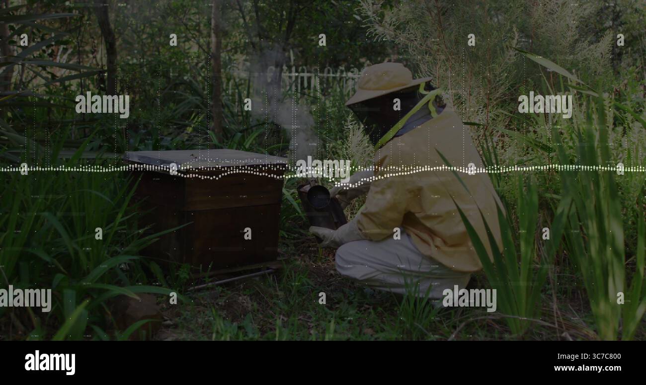 Hockender Imker in gelbem Anzug mit Metallraucher neben dem Bienenstock im Garten, Kopierraum Stockfoto