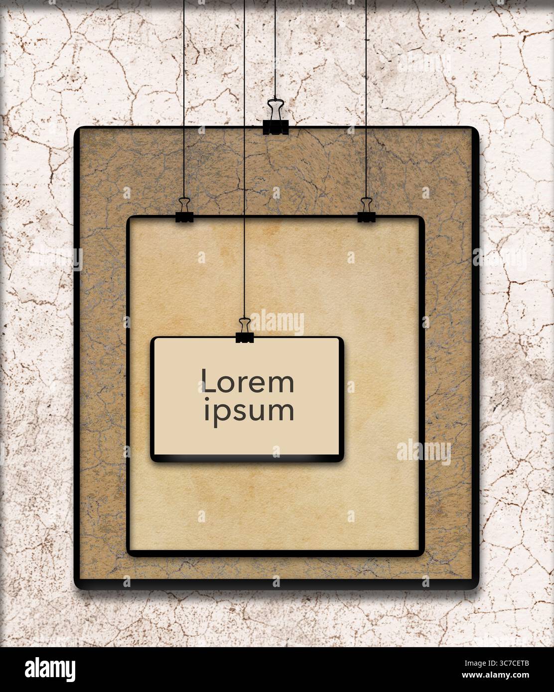 Zurück Stahlpapier Klammern hängen an Saiten halten graue Blätter von Papier, die einen einzigartigen Rahmen für Kopie oder Kunst bilden. Lorem Ipsum Bereich zur Verfügung. Stockfoto