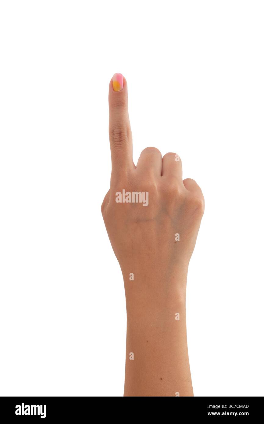 Die Hand der kaukasischen Frau mit einem ausgedehnten Finger, die Nummer eins symbolisiert, isoliert auf weißem Hintergrund Stockfoto