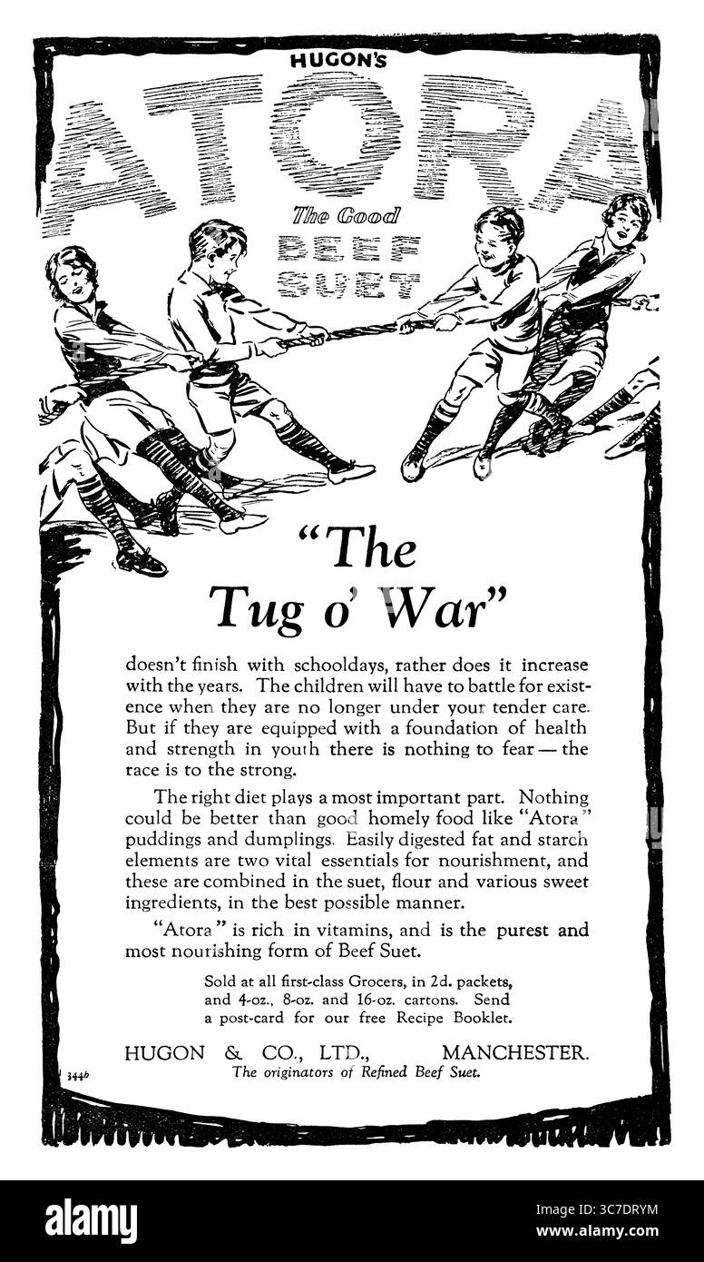 1930 britische Lebensmittelwerbung für Atora Beef Suet von Hugon & Co. Stockfoto
