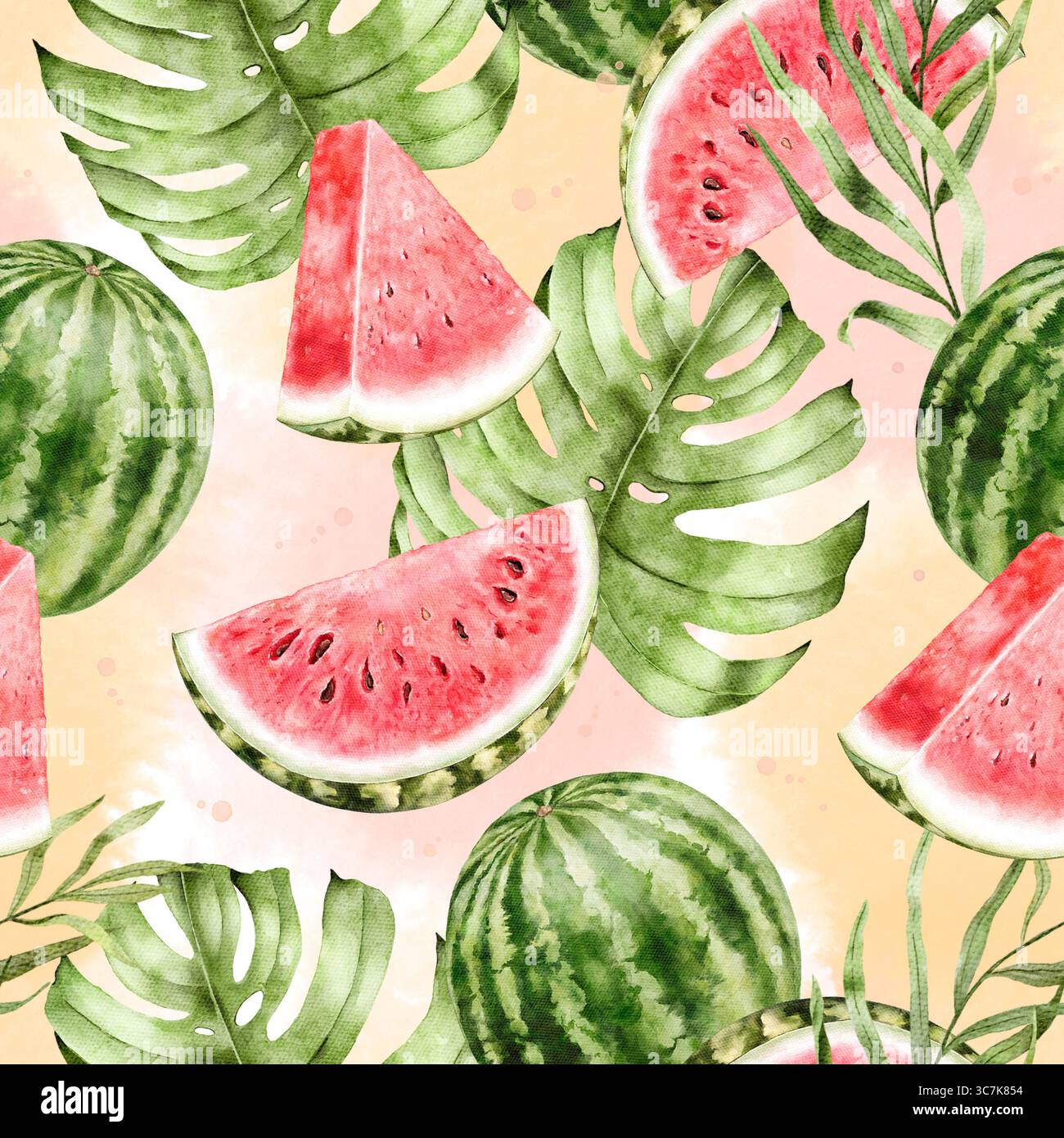 Nahtloses Wassermelonenmuster mit tropischen Blättern auf weichem rosa und gelbem Aquarellhintergrund. Ideal für Sommertextilien, Geschenkpapier, Partyartikel Stockfoto