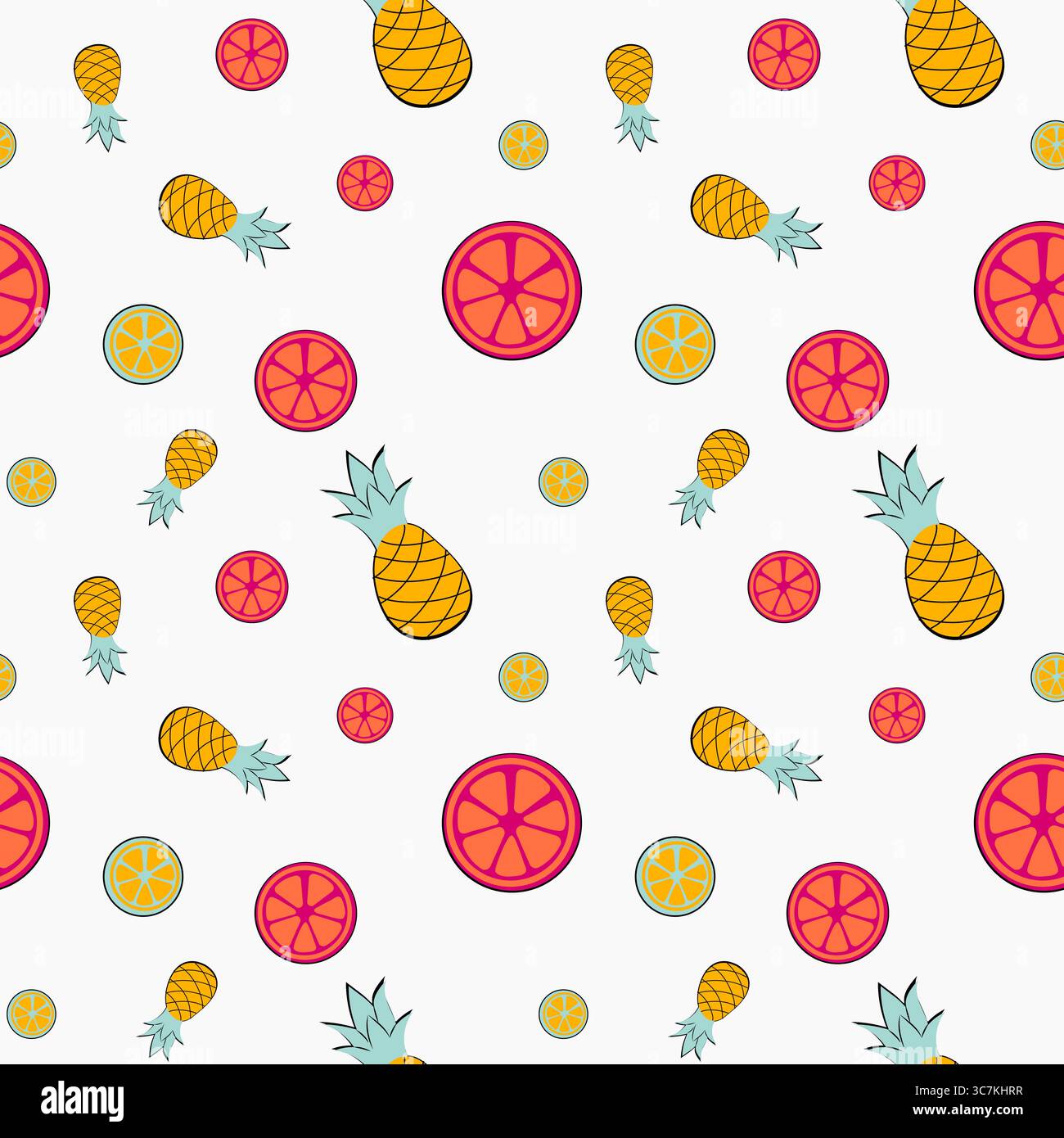 Buntes Fruchtmuster mit Ananas und Zitrusscheiben auf weißem Hintergrund Stock Vektor