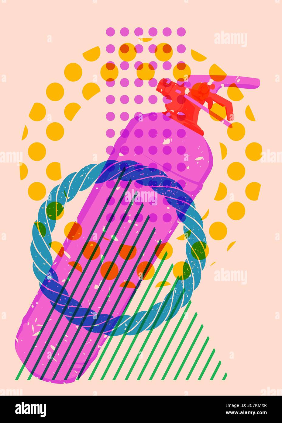 Risograph Feuerlöscher mit geometrischen Formen. Objekte in trendigem Riso-Grafik-Design mit Texturelementen. Stock Vektor