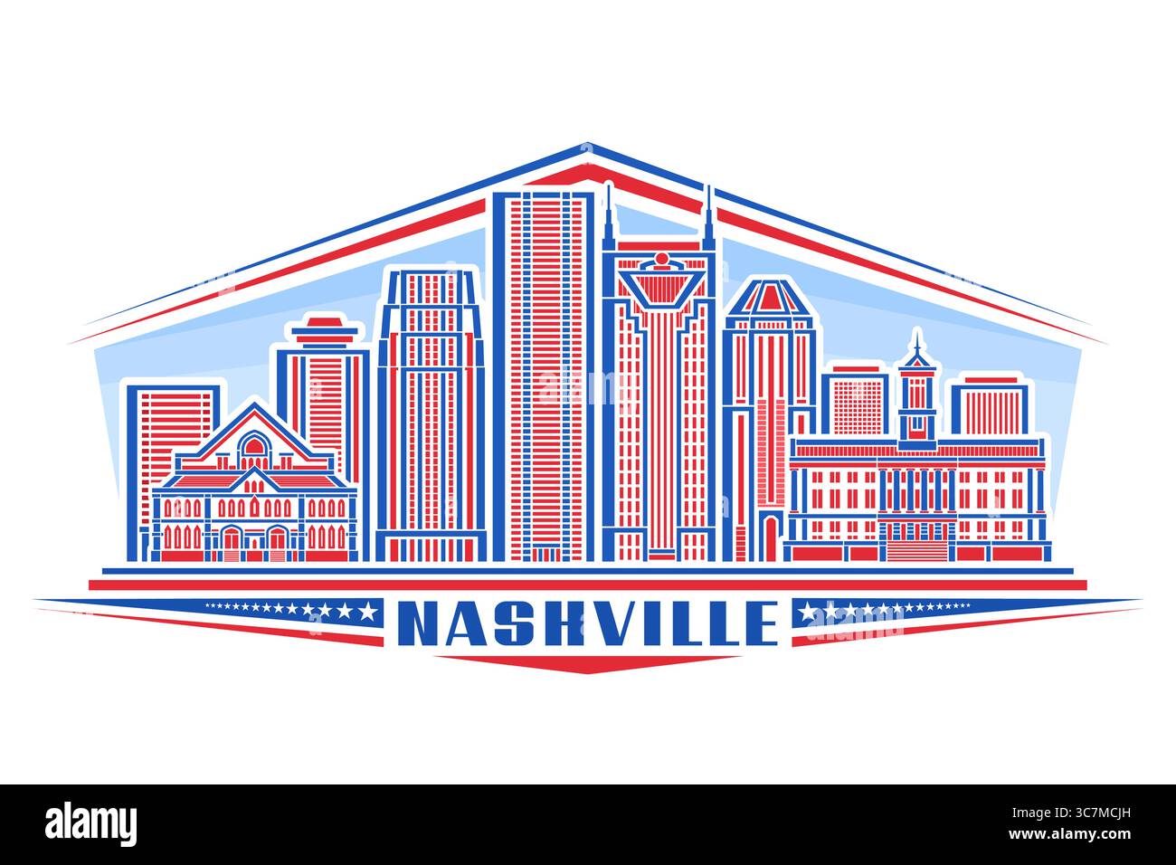Vektor-Illustration von Nashville, horizontales dekoratives Zeichen mit linearem Design nashville Stadtlandschaft auf Tageshimmel Hintergrund, Panorama-Stadtlinie Kunst c Stock Vektor