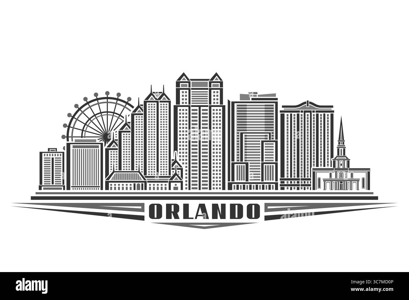 Vektor-Illustration von Orlando, monochrome horizontale Karte mit linearem Design orlando City Landschaft, modernes städtisches Linie Art Konzept mit dekorativem Buchstaben Stock Vektor