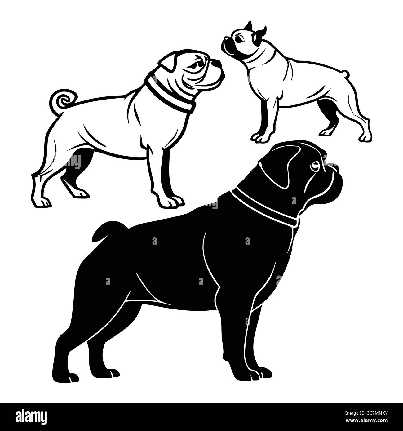 Stilisierte Illustration von drei amerikanischen Pugabull-Hunden in schwarz-weiß minimalistischem Kunstwerk Stock Vektor