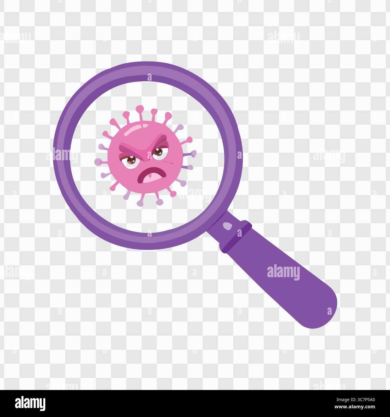 Cartoon Virus unter Lupenglas in Purpur auf transparentem Hintergrund für medizinische und wissenschaftliche Konzepte Stock Vektor