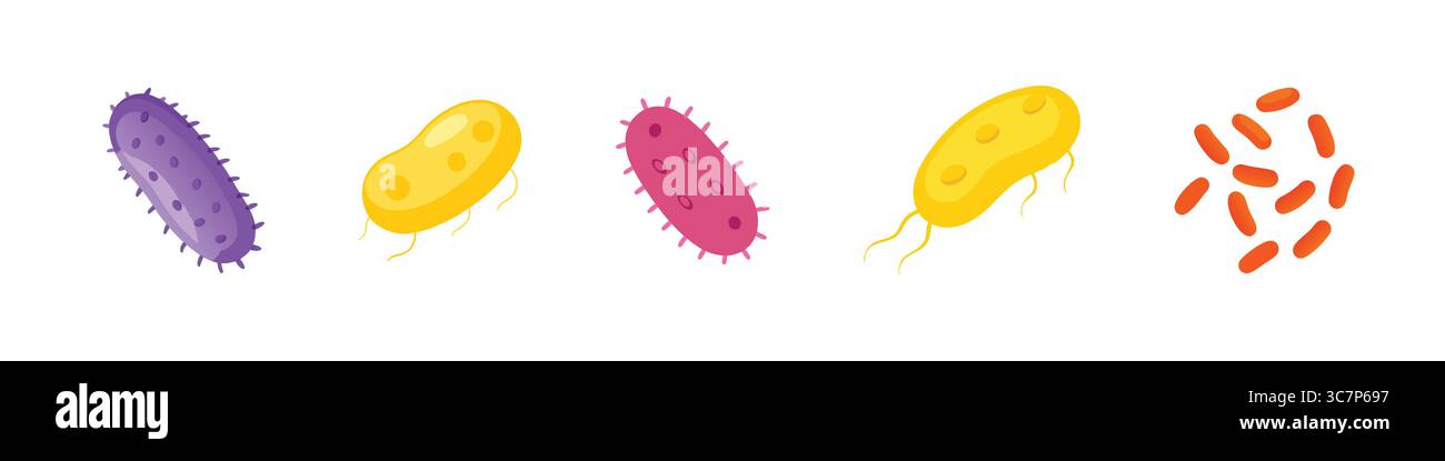 Bunte Zeichentrickbakterien in Lila, Gelb, Rosa und Orange für Wissenschaft und medizinische Illustrationen Stock Vektor