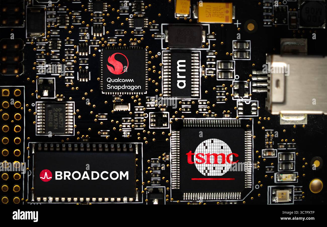 OP Semiconductor Firmen: TSMC, Broadcom, Qualcomm und ARM, die moderne Elektronik betreiben Stockfoto