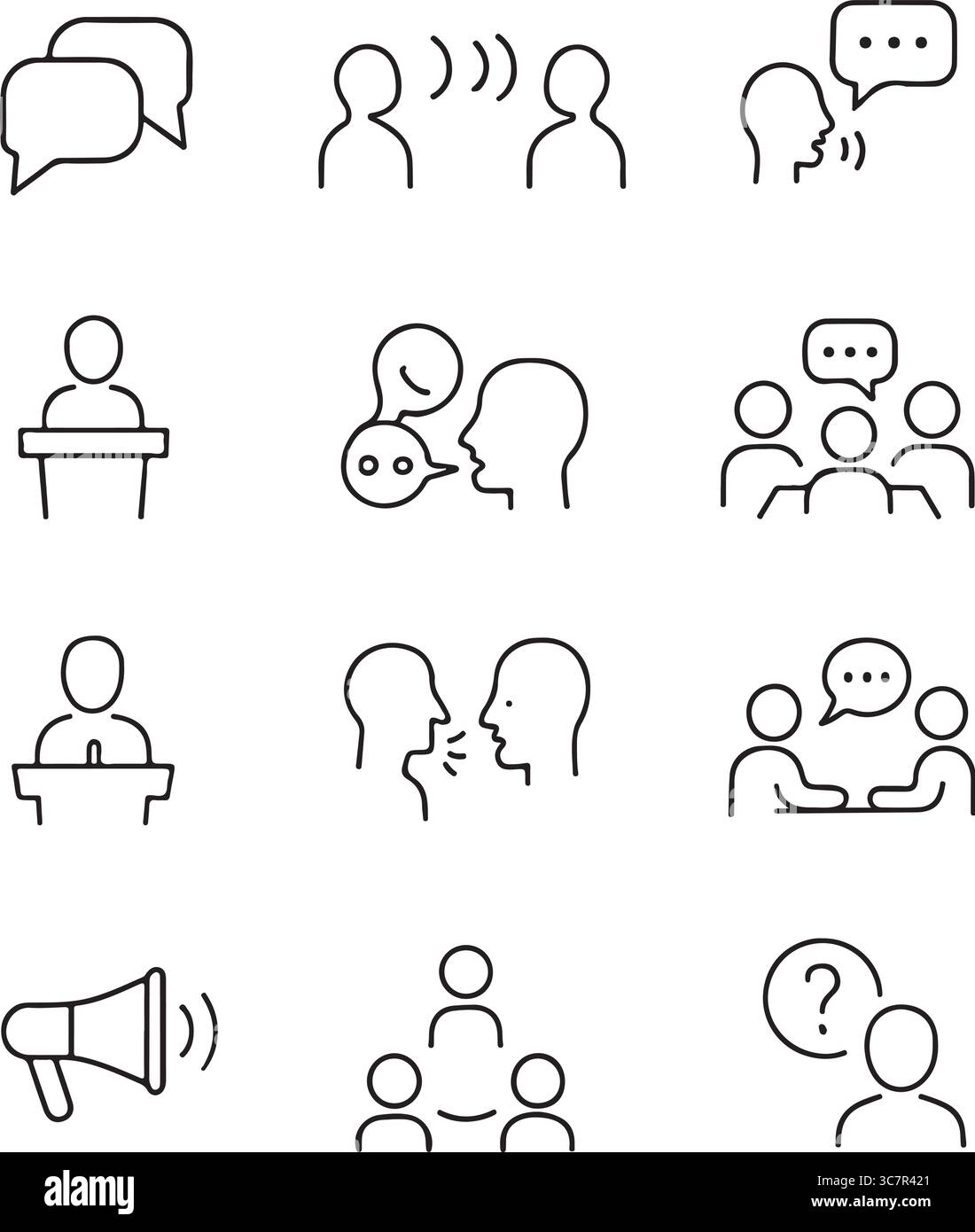 Minimalistisch sprechende Symbolsatz-Illustration mit weißem Hintergrund Stock Vektor