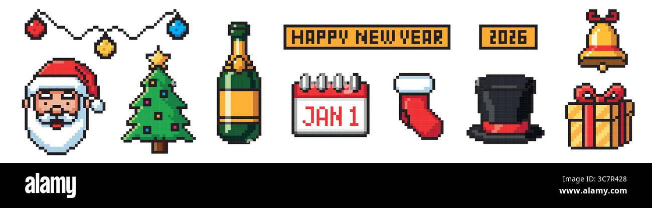 Weihnachtssymbole und Neujahrssymbole im Pixeldesign Stock Vektor
