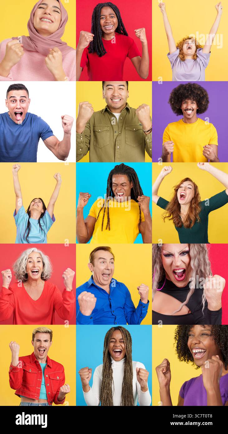 Mosaik von multikulturellen Menschen, die ihre Arme und Fäuste heben Stockfoto