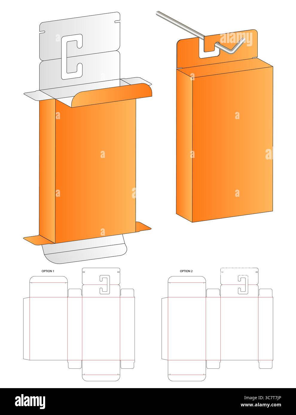 Orangefarbene Faltbare Pappschachtel zum Aufhängen von 3D-Stanzvorlagen Stock Vektor