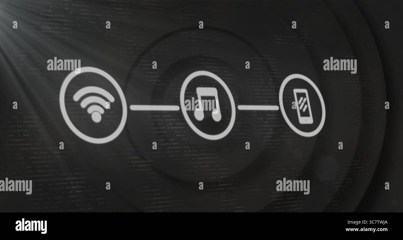 Anzeigen von Verbindungsleitungen zwischen Wi-Fi-Symbol, Musiknotiz und Smartphone-Symbol auf der digitalen Schnittstelle Stockfoto