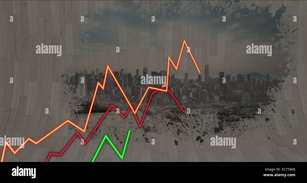 Drei farbige Liniendiagramme, die sich über der Skyline der Stadt in einer gebogenen Holzrampe erheben und Risse aufweisen Stockfoto