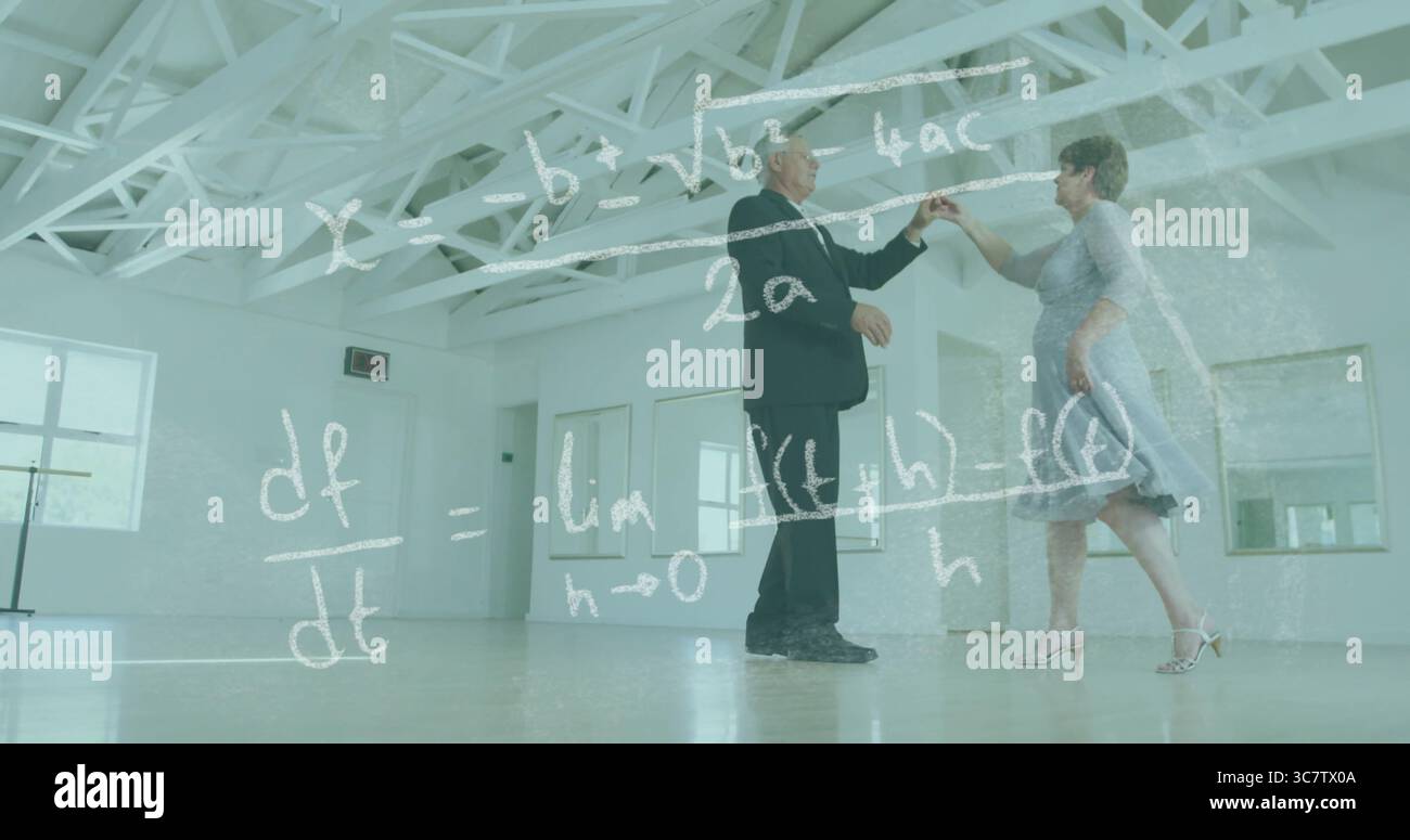 Das Tanzsteppduo trägt Anzug und Kleidung im Übungsstudio, Barren-Spiegel zeigen Gleichungen an Stockfoto