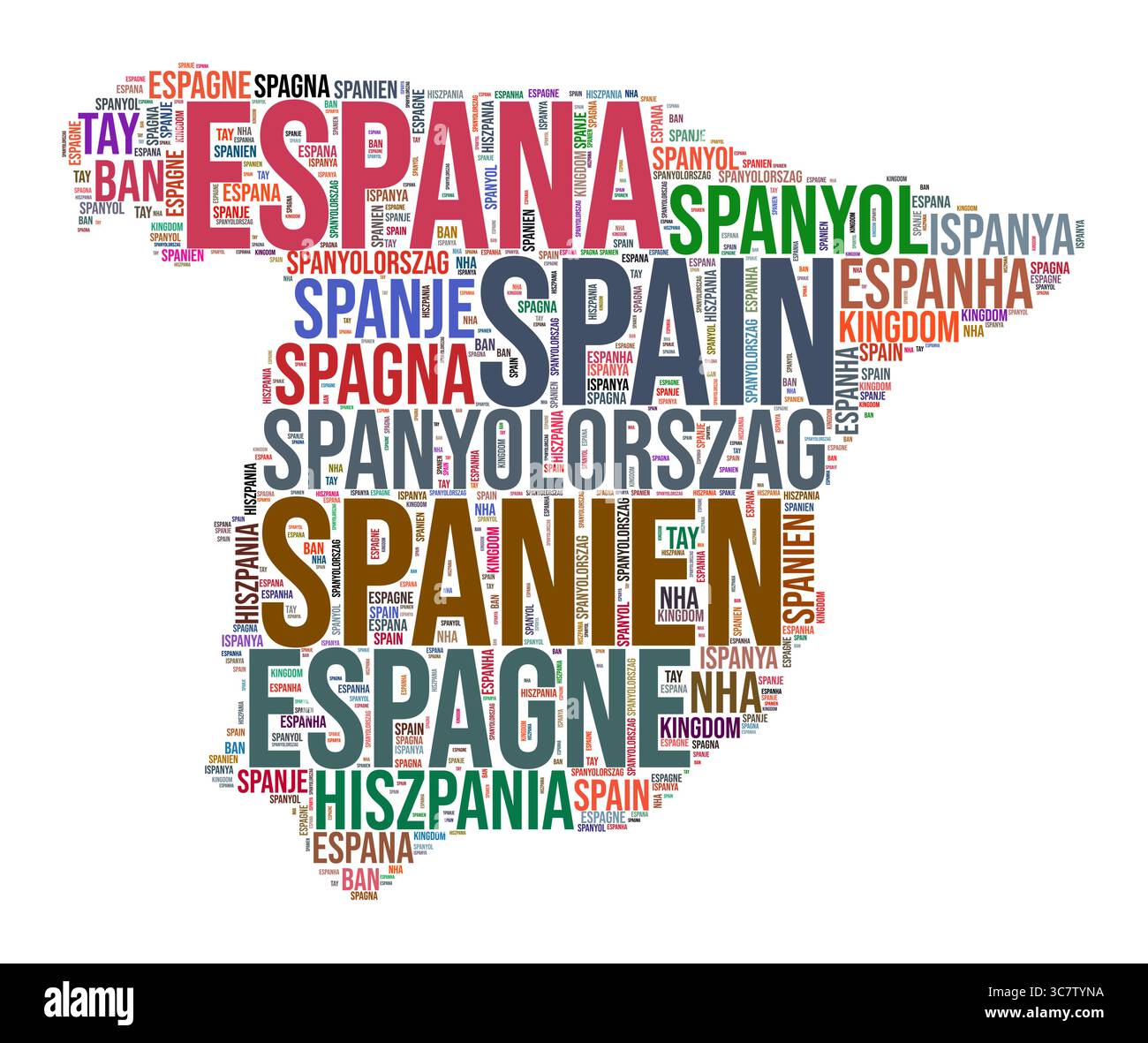 Spanien Country Shape Word Cloud. Typografie-Stil Länderdarstellung. Spanien Bild im Textwolken-Stil. Vektorabbildung. Stock Vektor