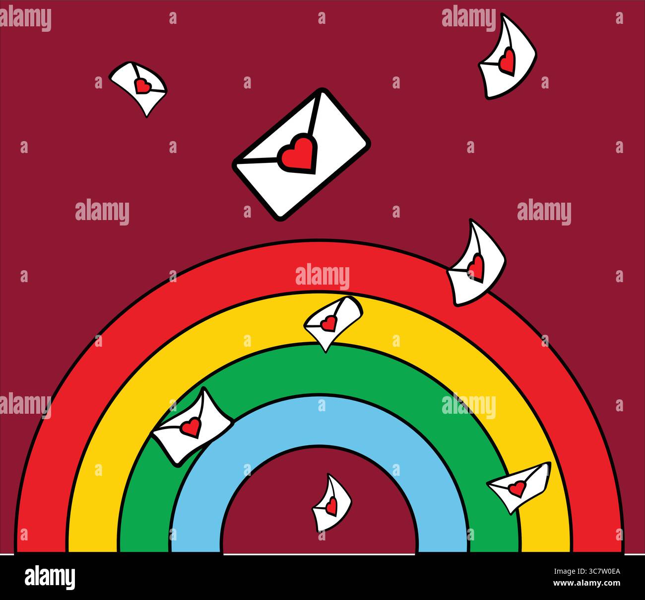 Liebesbriefe, die um einen Regenbogen schweben, vermitteln Zuneigung und Romantik Stock Vektor