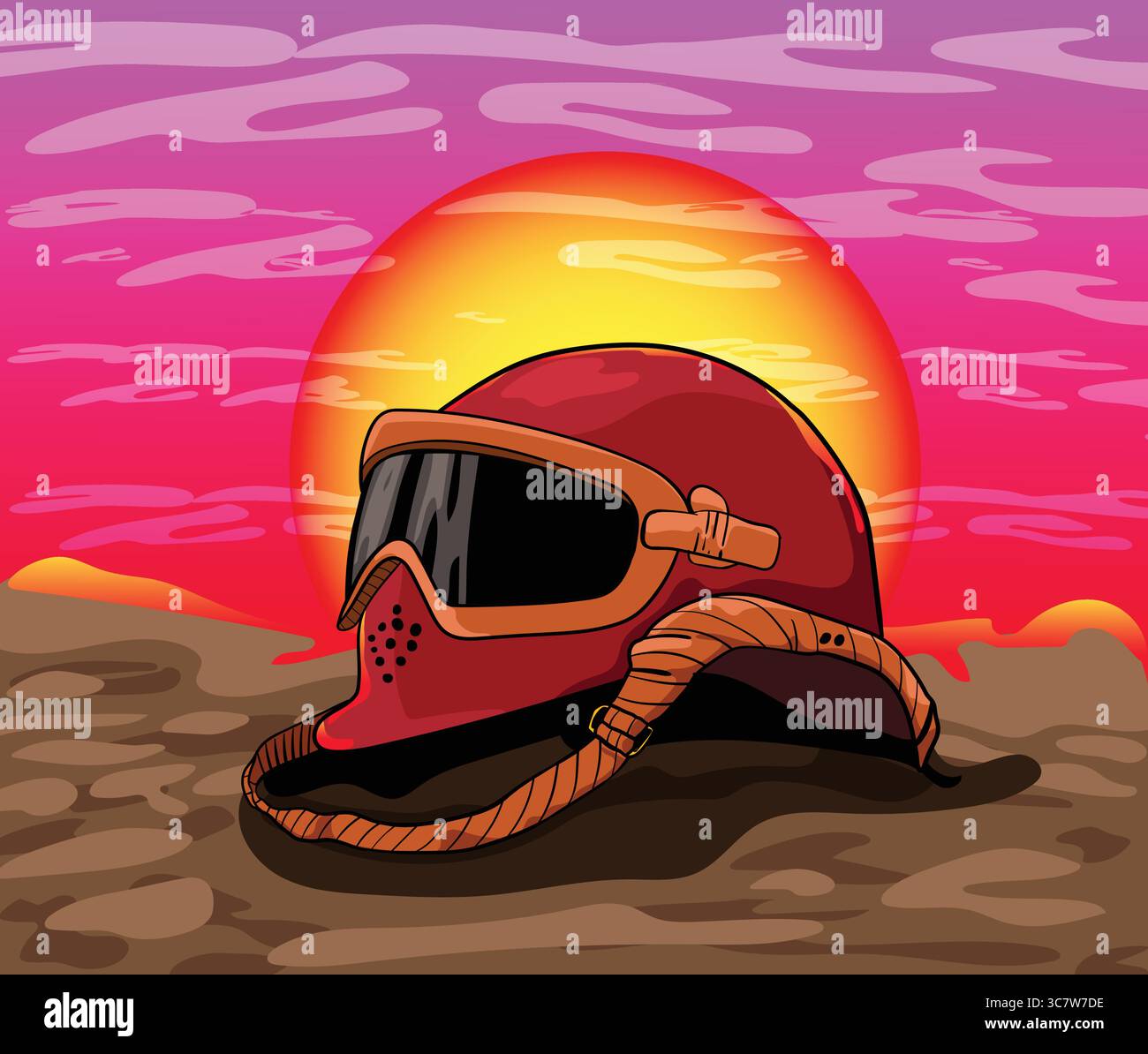 Soldatenhelm bei Sonnenuntergang auf dem Schlachtfeld verlassen, was die Kriegsopfer veranschaulicht Stock Vektor