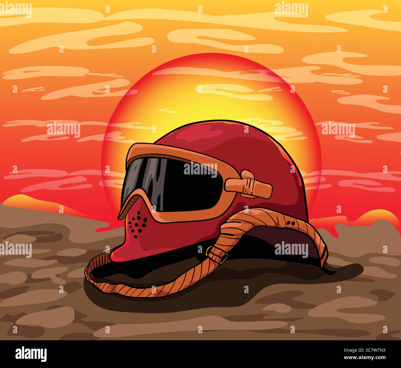 Soldatenhelm bei Sonnenuntergang auf dem Schlachtfeld verlassen, was die Kriegsopfer veranschaulicht Stock Vektor