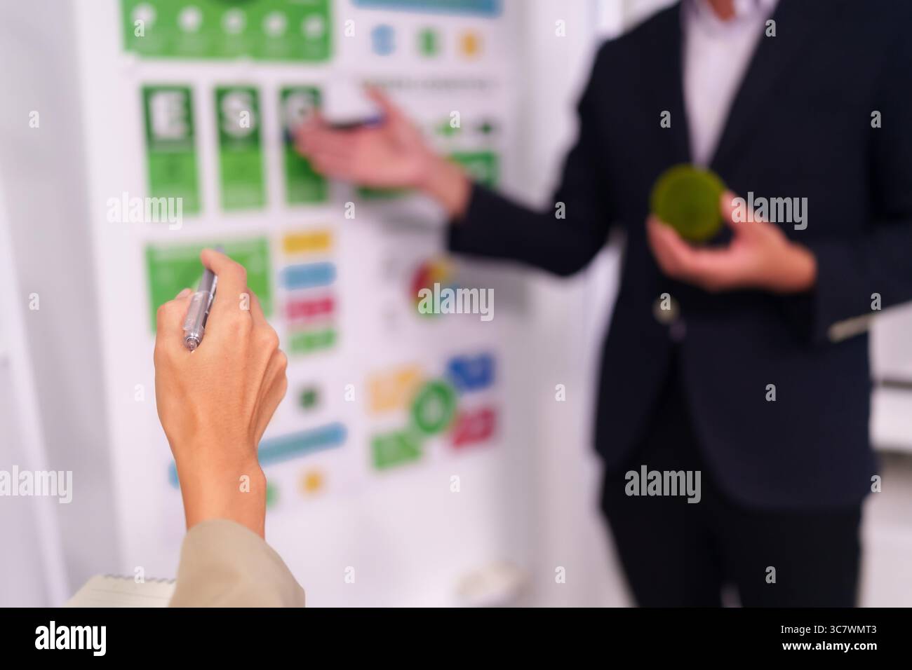 Erwachsene asiatische Geschäftsleute, die an einem Unternehmenstreffen teilnehmen, das sich auf die Ziele der ESG-nachhaltigen Entwicklung konzentriert und die Umwelt-Social Governance analysiert Stockfoto