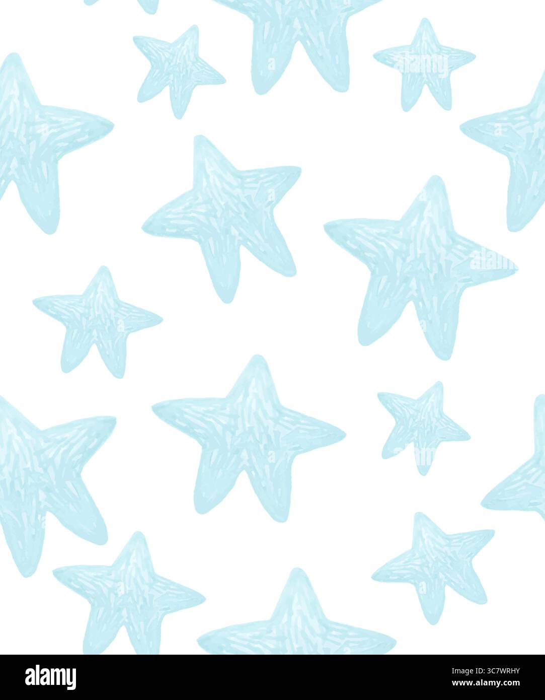 Infantile Stil Druck mit blauen Sternen. Unregelmäßiges nahtloses Vektormuster mit Hand gezeichneten Sternen auf einem weißen Hintergrund. Einfaches Kindliches Sternenmuster. Stock Vektor