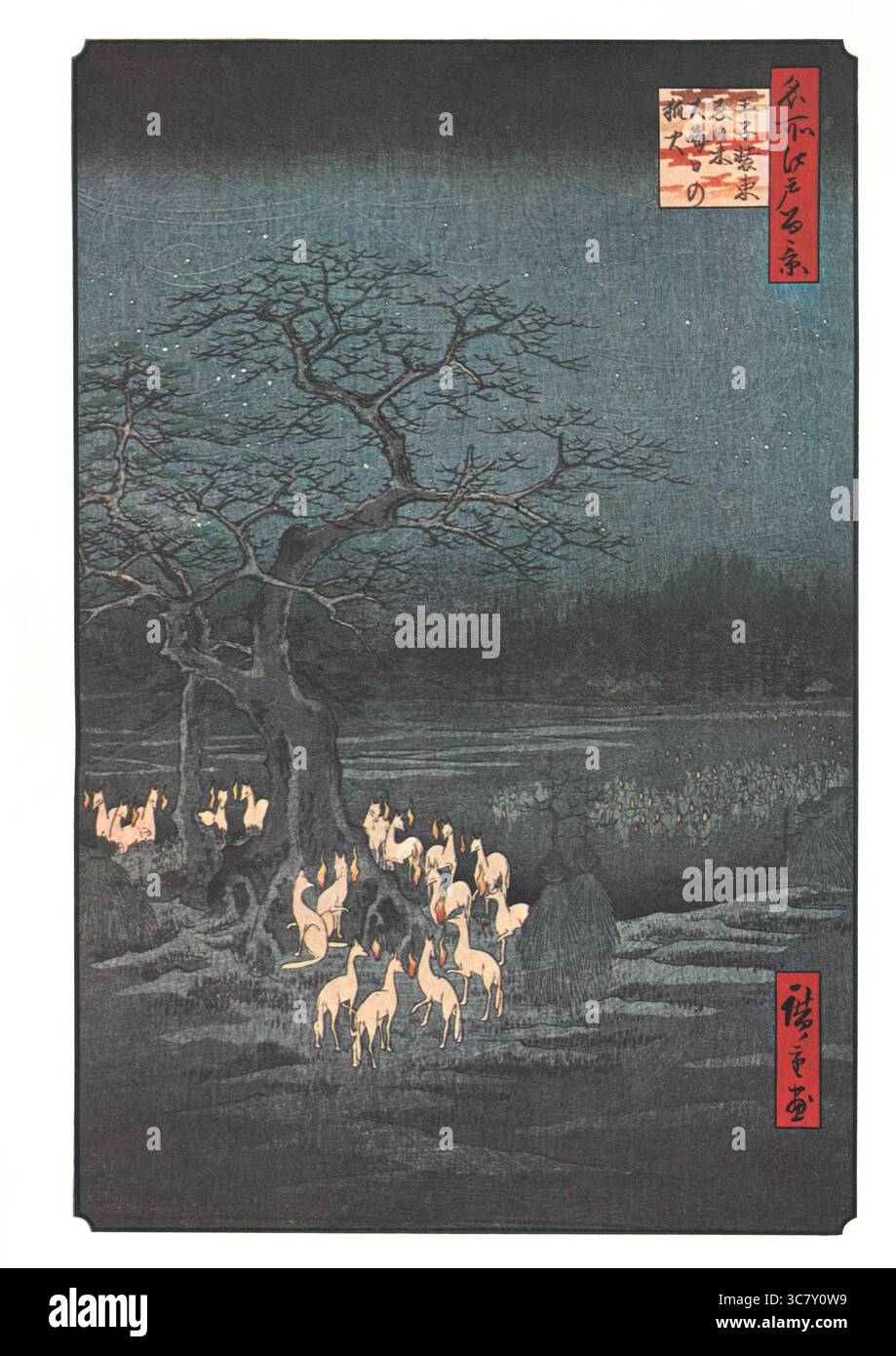 Hundert berühmte Ausblicke auf Edo von Utagawa Hiroshige - 1857: #119, Kitsunebi in der Silvesternacht unter dem Enoki Baum in der Nähe von Oji Stockfoto