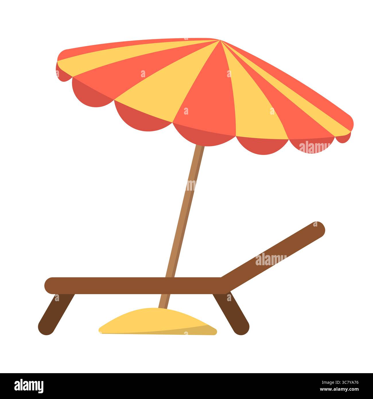 Strandstuhl mit Regenschirm. Eine hölzerne Strandliege gepaart mit einem großen, bunten Sonnenschirm. Der Schirm befindet sich in einem Haufen von weichem gelbem Sand. Stock Vektor