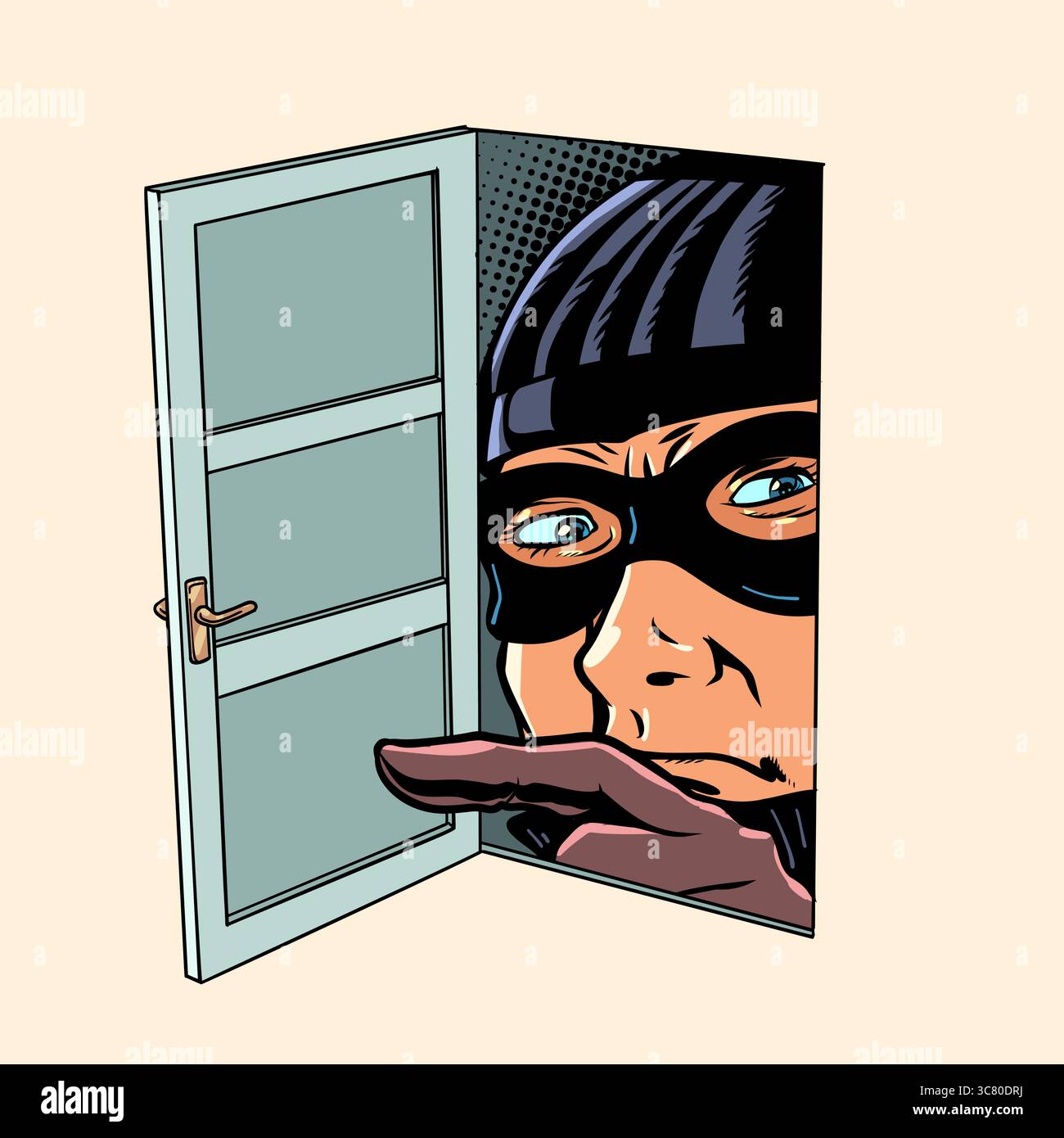Ein Krimineller schaut durch eine offene Tür. Diebstahl personenbezogener Daten durch Betrüger. Die Gefahr des Zugriffs auf nicht geprüfte Standorte. Comic-Comic-Comic-Pop-Art-Retr Stock Vektor