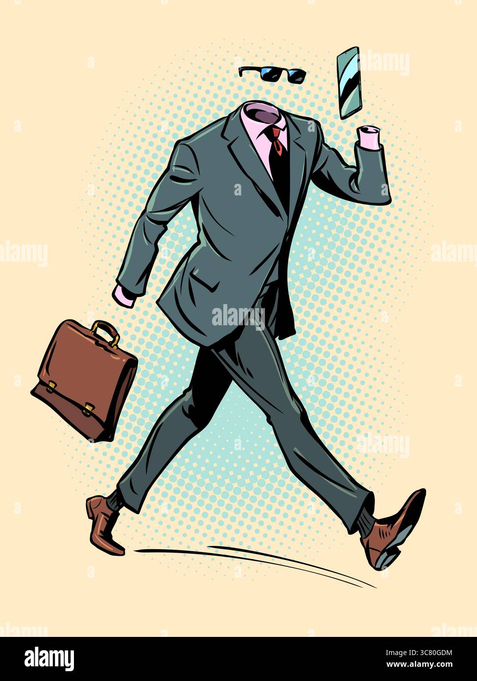 Unsichtbarer Geschäftsmann läuft zur Arbeit. Erscheinungsbild des Büromitarbeiters. Unternehmensberatung. Pop Art Retro Vektor Illustration Kitsch Vintage 50er Jahre 60er Jahre S Stock Vektor