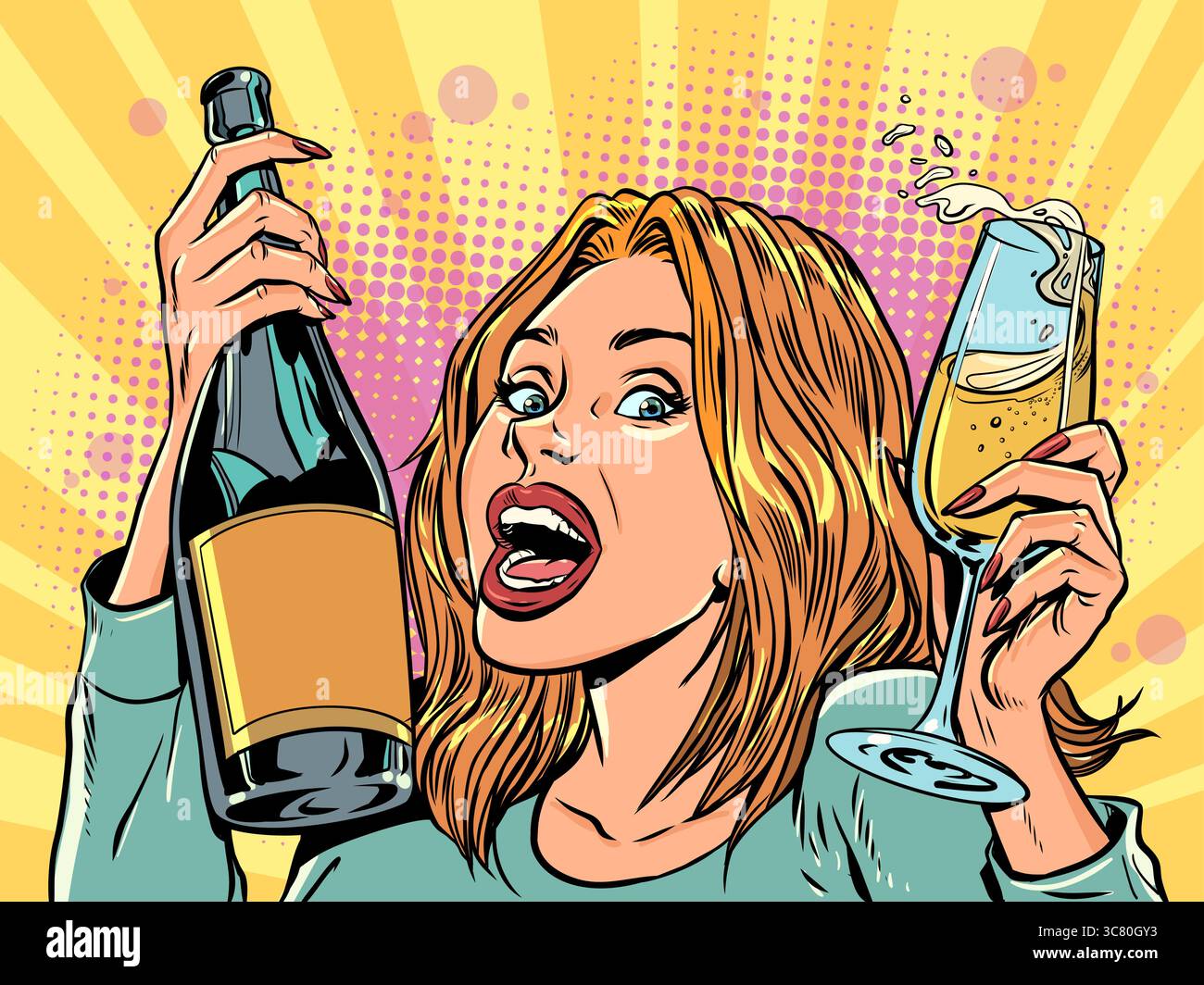 Frau freut sich mit Alkohol und Glas. Einladung zu einer Veranstaltung zum Feiern. Werbung für einen Club und eine Party. Pop Art Retro Vektor Illustration Kitsc Stock Vektor