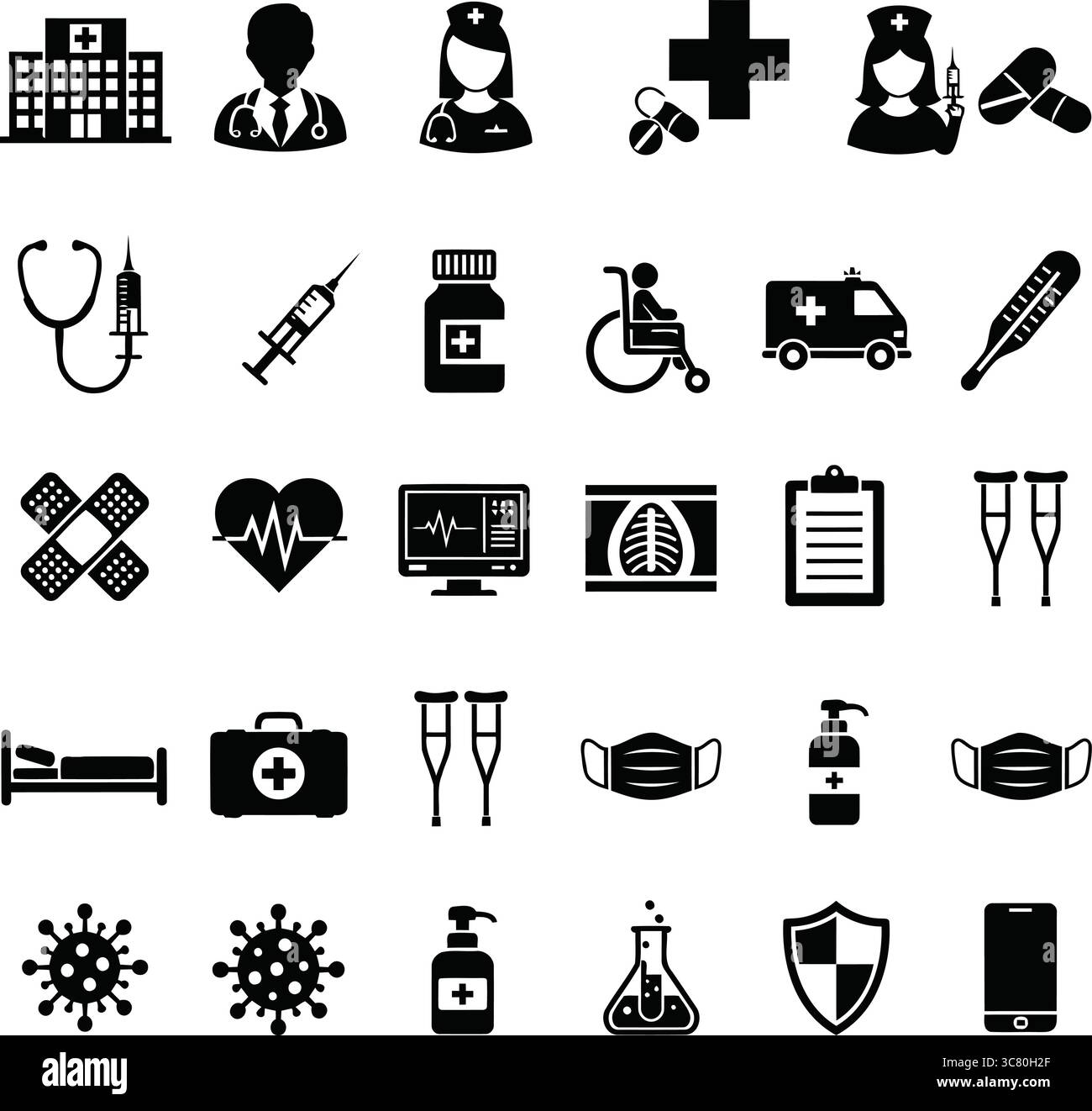Medizinische Symbole Set Vektor, Healthcare Clipart, Krankenhaus, Arzt, Krankenschwester, Medizin, Ausrüstung, Notfall, Maske, Bett, Spritze, Einfache Umrisse, Gesundheit. Stock Vektor