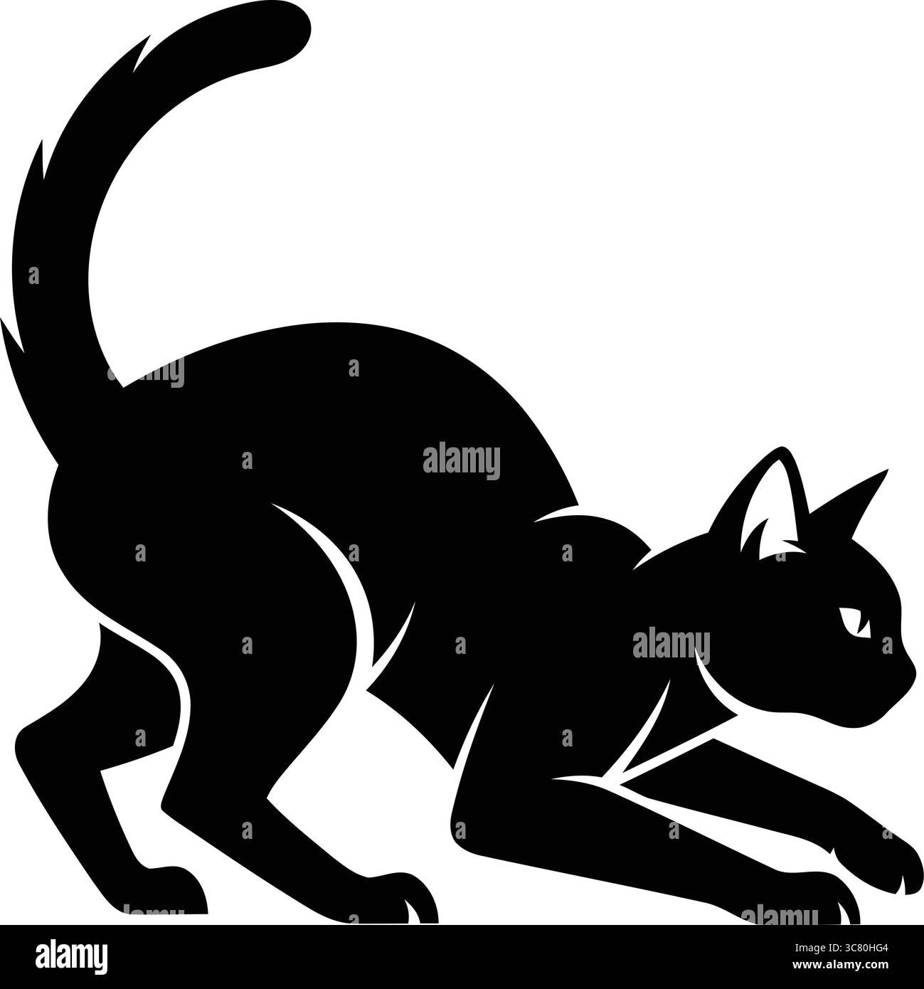 Verängstigte Katze Silhouette Vektor, Schwarzer Halloween Clipart, Isolierte Tierkunst, Bogenrücken, Wütende Katze, Einfache Umrisse, Spooky, Haustier, Minimales Design Stock Vektor