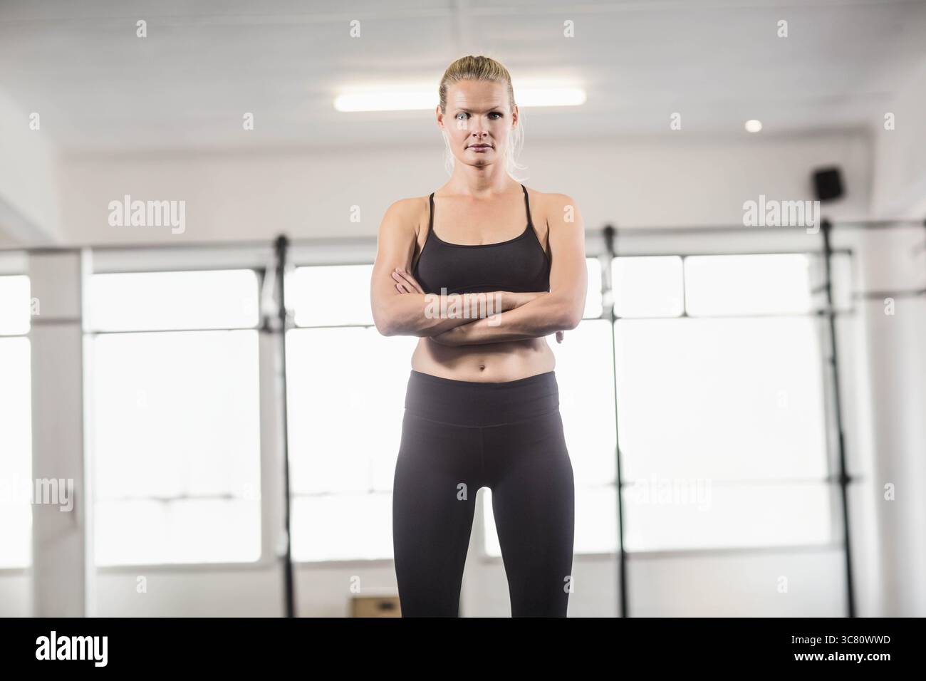 Pull-up-Bar-Rig steht im Fitnessbereich in der Nähe von Fenstern im Garagenstil mit plyometrischem Holzkasten Stockfoto