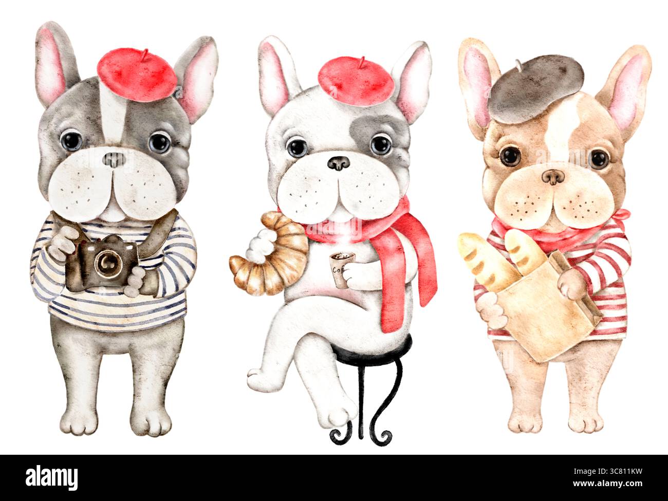 Niedliche Aquarellillustration von drei französischen Bulldoggen in Pariser Outfits. Einer hält eine Kamera, einer genießt Kaffee und Croissant, und einer trägt einen Bagu Stockfoto