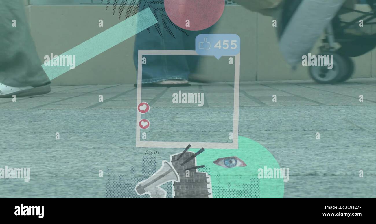 Gehen Sie drei Fußgänger, die den Kinderwagen auf gefliestem Gehweg an einer braunen Wand schieben, mit digitalen Überzügen Stockfoto