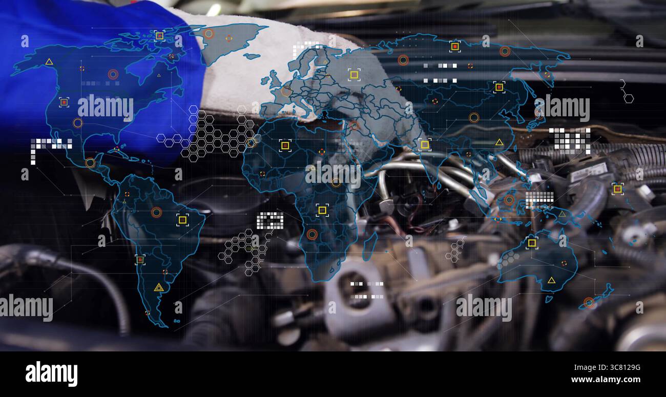 Hand mit Handschuhen in gleichmäßig einstellbaren Motorkomponenten in der Werkstatt, mit digitaler Weltkarte Stockfoto
