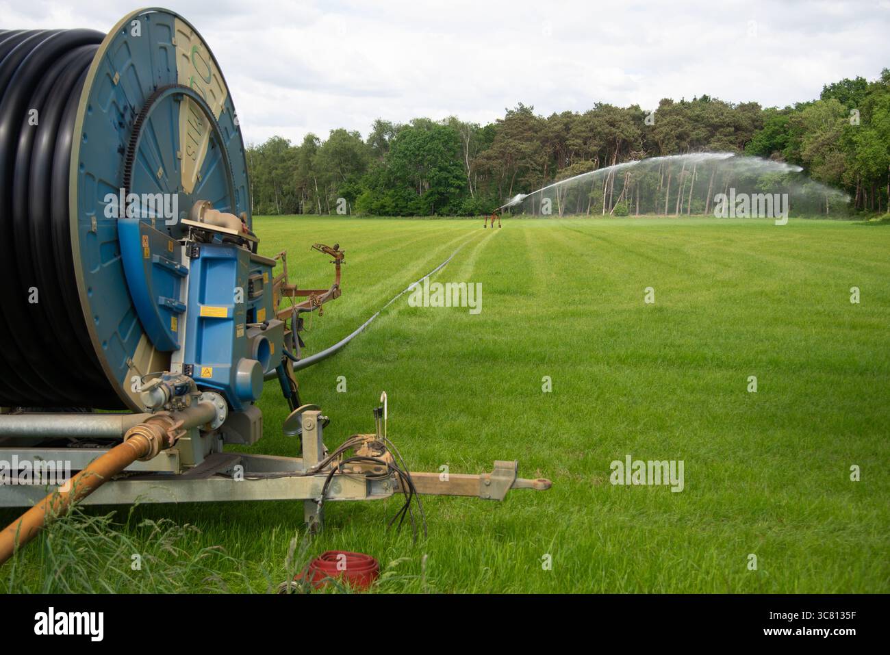 Sprinkleranlage für Wasser in Trockenperiode auf landwirtschaftlichen Flächen in Gelderland, Holland Stockfoto