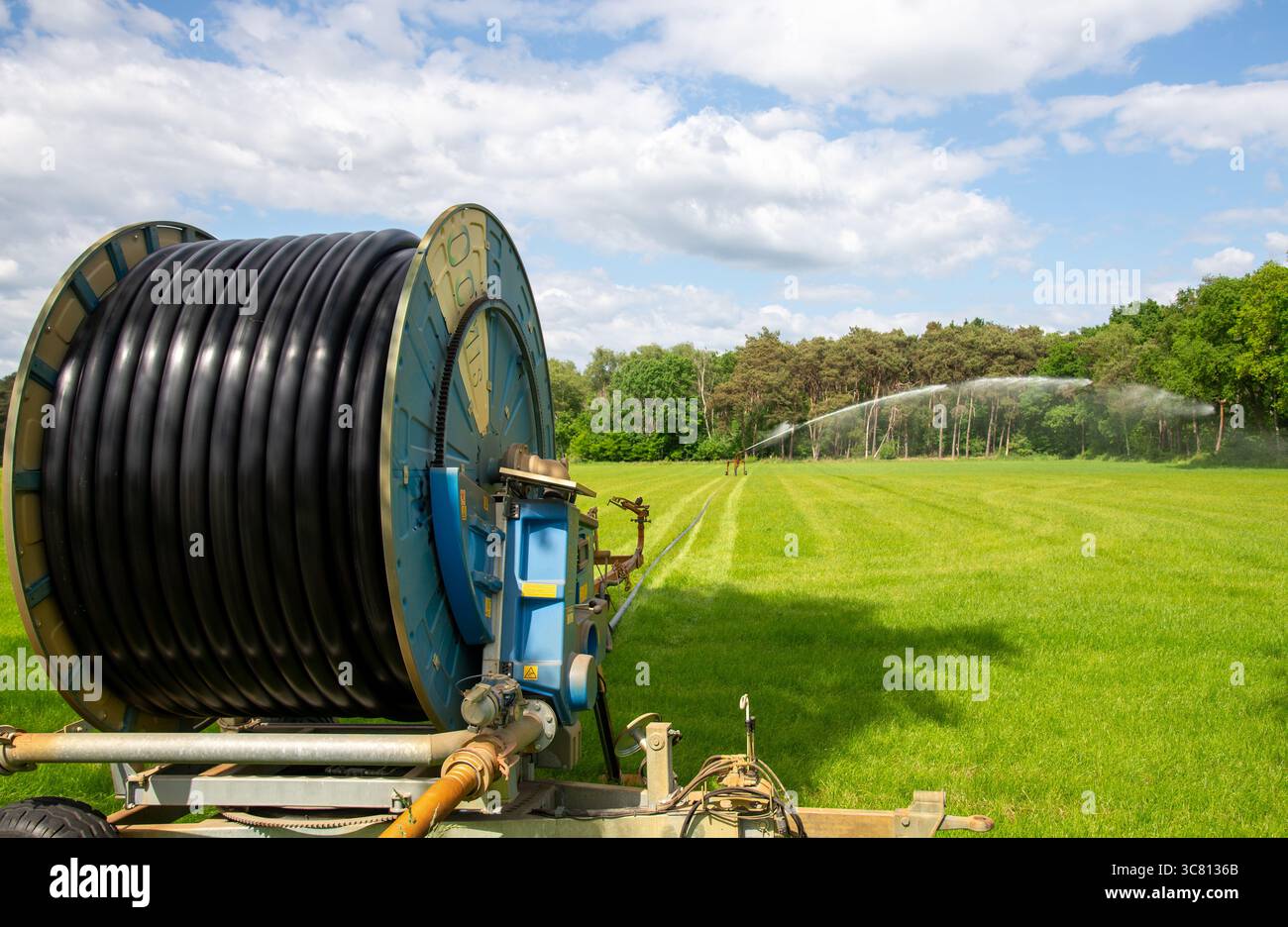 Sprinkleranlage für Wasser in Trockenperiode auf landwirtschaftlichen Flächen in Gelderland, Holland Stockfoto