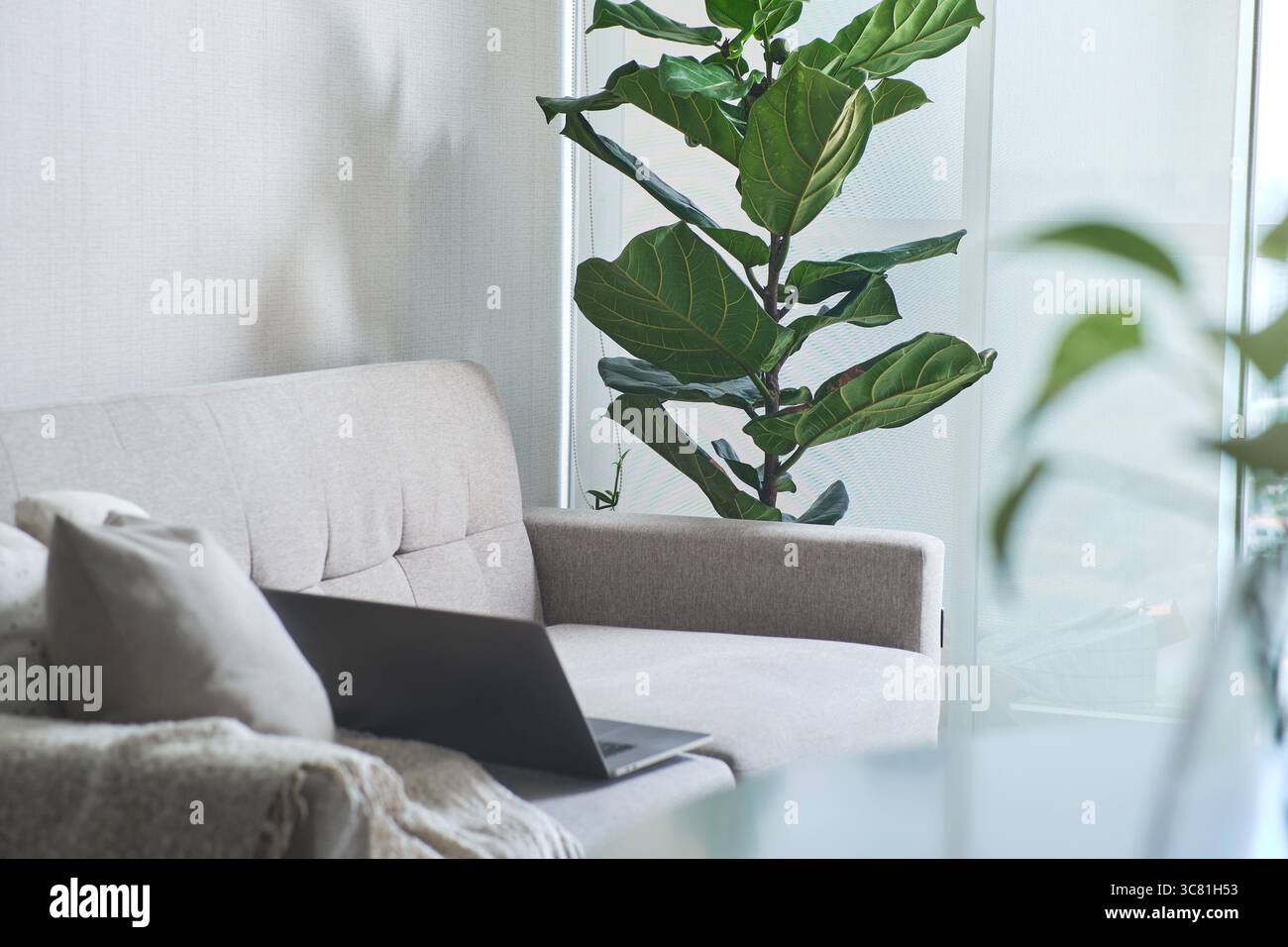 Modernes Home-Office-Setup mit Laptop auf dem Standfuß für komfortables und produktives Arbeiten im eleganten Wohnzimmer Stockfoto
