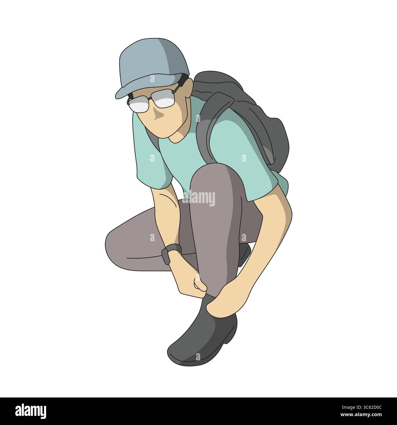Männlicher Reisender bindet Schnürsenkel Illustration Vektor Hand gezeichnet mit schwarzen Linien isoliert auf weißem Hintergrund. Stock Vektor